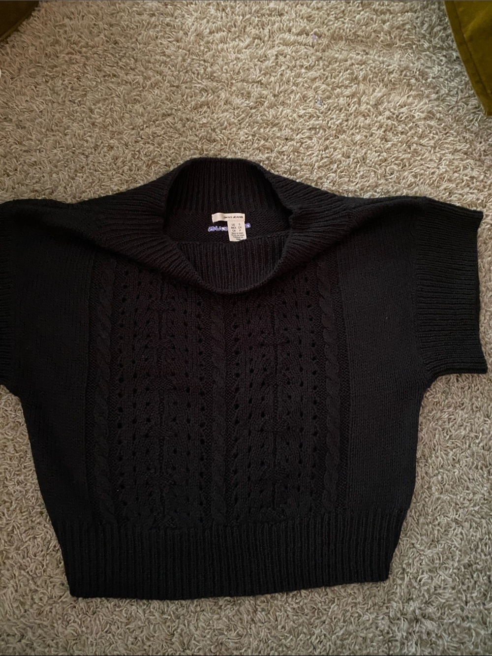 DKNY Black Cable-Knit Short-Sleeve Cowl Neck Sweater